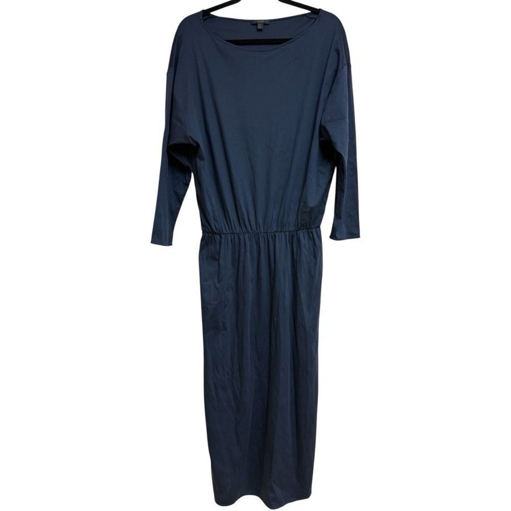 COS Navy Blue Cotton Midi Dress. Cinched Waist. Minimalist Classic. Sz M
